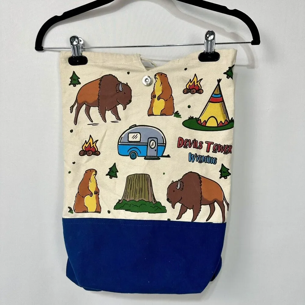 Vintage Devils Tower National Monument Wyoming Cloth Drawstring Backpack